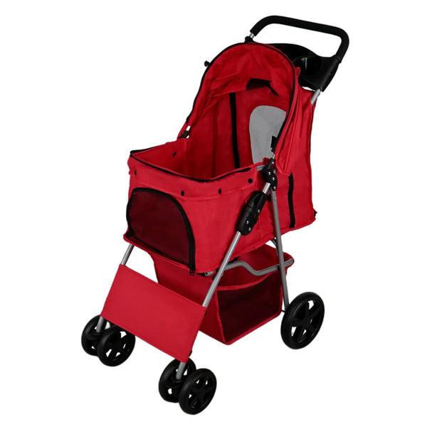 Pet Stroller with Rain Cover – Red with Safety Snap Hook