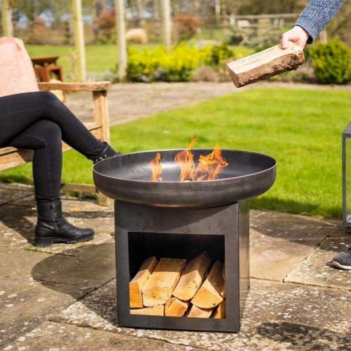 Laguna Firebowl & Log Store - Industrial Steel with Brushed Oil Finish