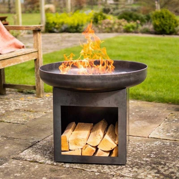 Laguna Firebowl & Log Store - Industrial Steel with Brushed Oil Finish