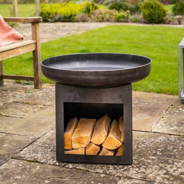 Laguna Firebowl & Log Store - Industrial Steel with Brushed Oil Finish