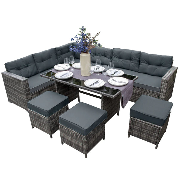 Jardi Rattan 9-Seater Corner Set - Grey with Glass Topped Table