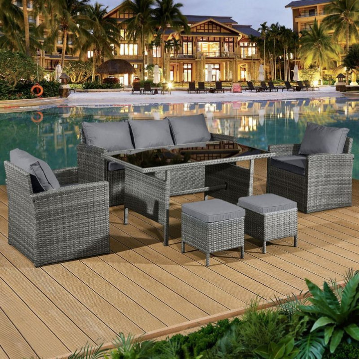 Fiji Rattan 7 Seat Lounge Dining Set in Pewter Grey