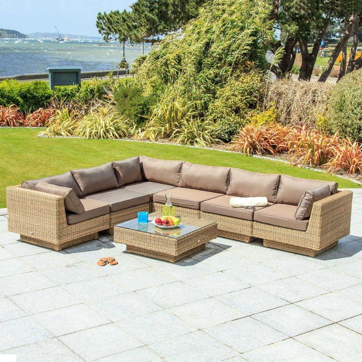 Cozy Bay Chicago Rattan 6 Seater Deluxe Modular Lounge Set with Brown Cushions