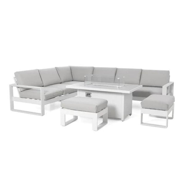 Maze Larnaca White & Grey Large Aluminium Corner Dining Set With Fire Pit Table & Footstools