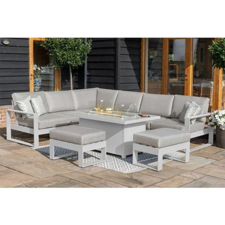 Maze Larnaca White & Grey Large Aluminium Corner Dining Set With Fire Pit Table & Footstools