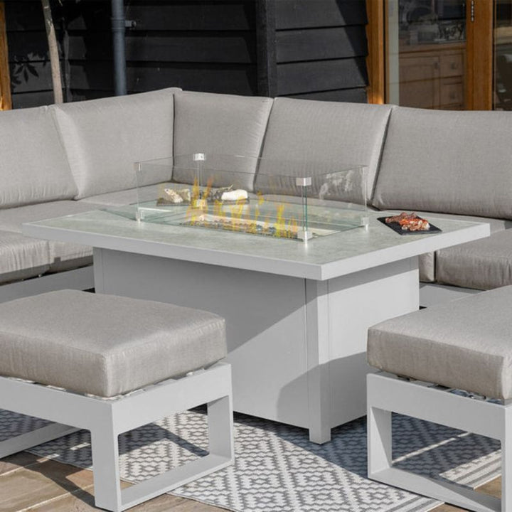 Maze Larnaca White & Grey Large Aluminium Corner Dining Set With Fire Pit Table & Footstools