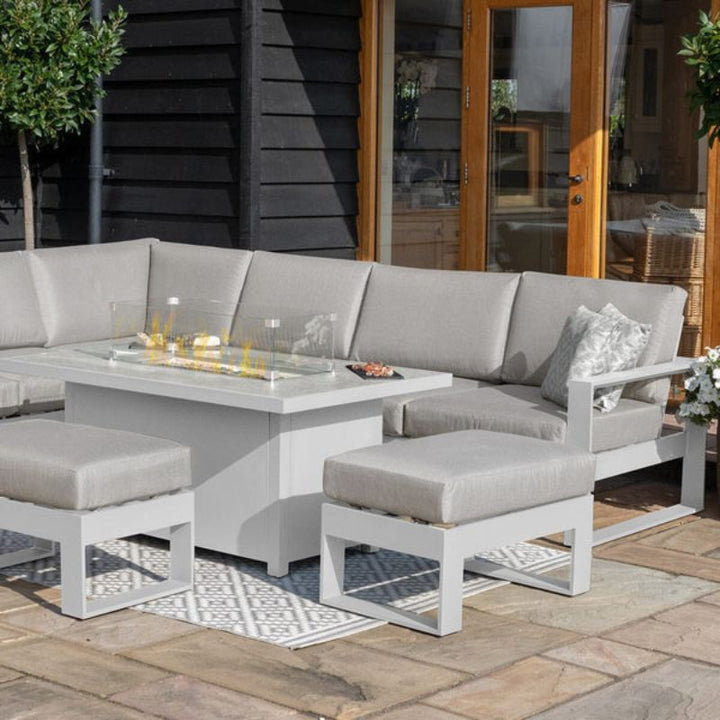 Maze Larnaca White & Grey Large Aluminium Corner Dining Set With Fire Pit Table & Footstools