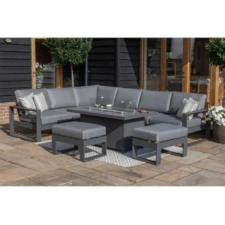 Maze Larnaca White & Grey Large Aluminium Corner Dining Set With Fire Pit Table & Footstools