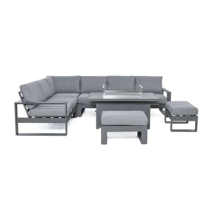 Maze Larnaca White & Grey Large Aluminium Corner Dining Set With Fire Pit Table & Footstools