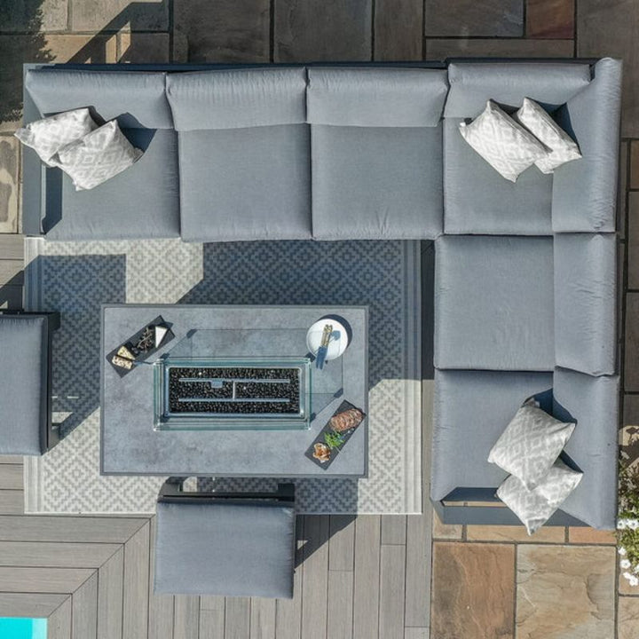 Maze Larnaca White & Grey Large Aluminium Corner Dining Set With Fire Pit Table & Footstools