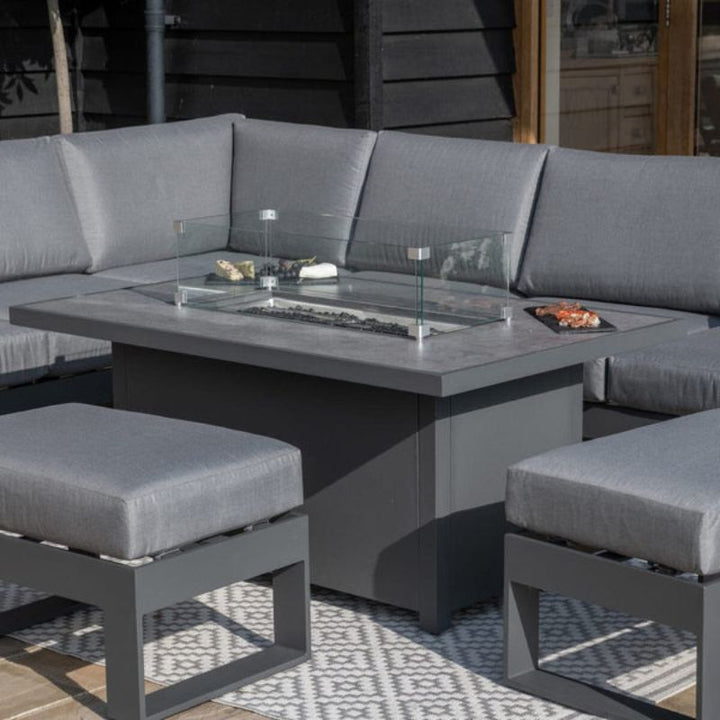 Maze Larnaca White & Grey Large Aluminium Corner Dining Set With Fire Pit Table & Footstools